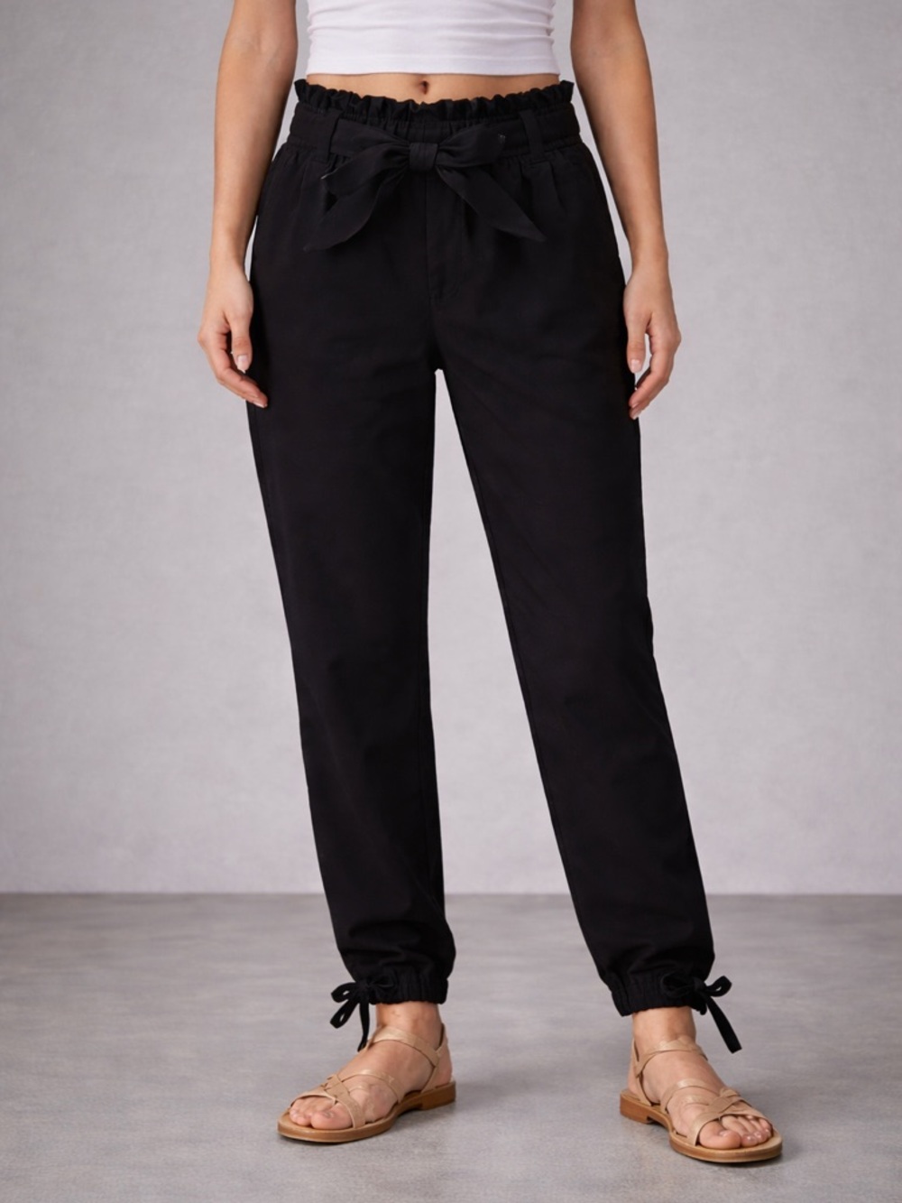 Paperbag Waist Tie Jogger Pants - Black